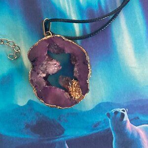Amethyst Crystal Geode Slice Necklace with a Quartz Crystal Inside